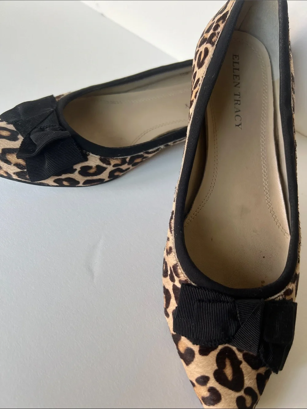 Ellen Tracy Leopard-Print Pointed-Toe Flats with Black Bow